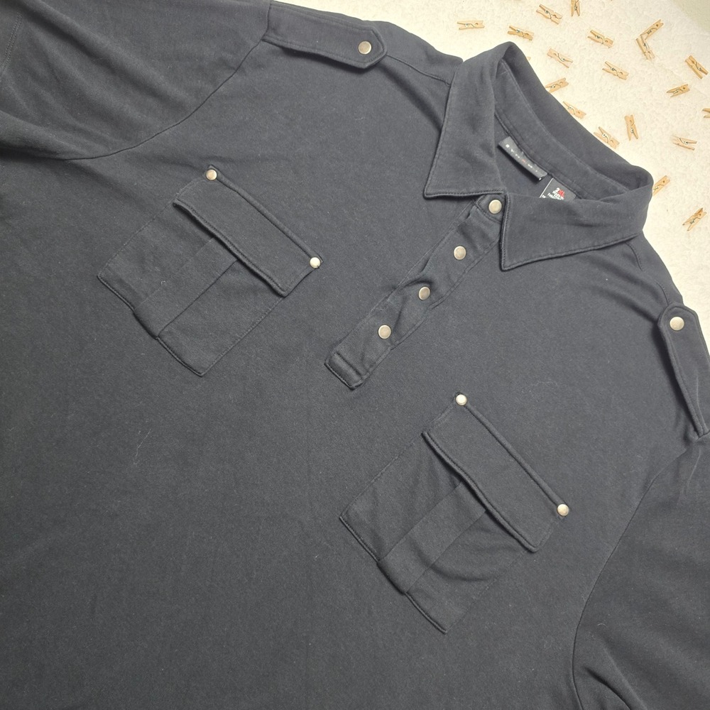 Synrgy Mens 2XL Black Polo Shirt Short Sleeve Military Style Pockets‎ Button Up